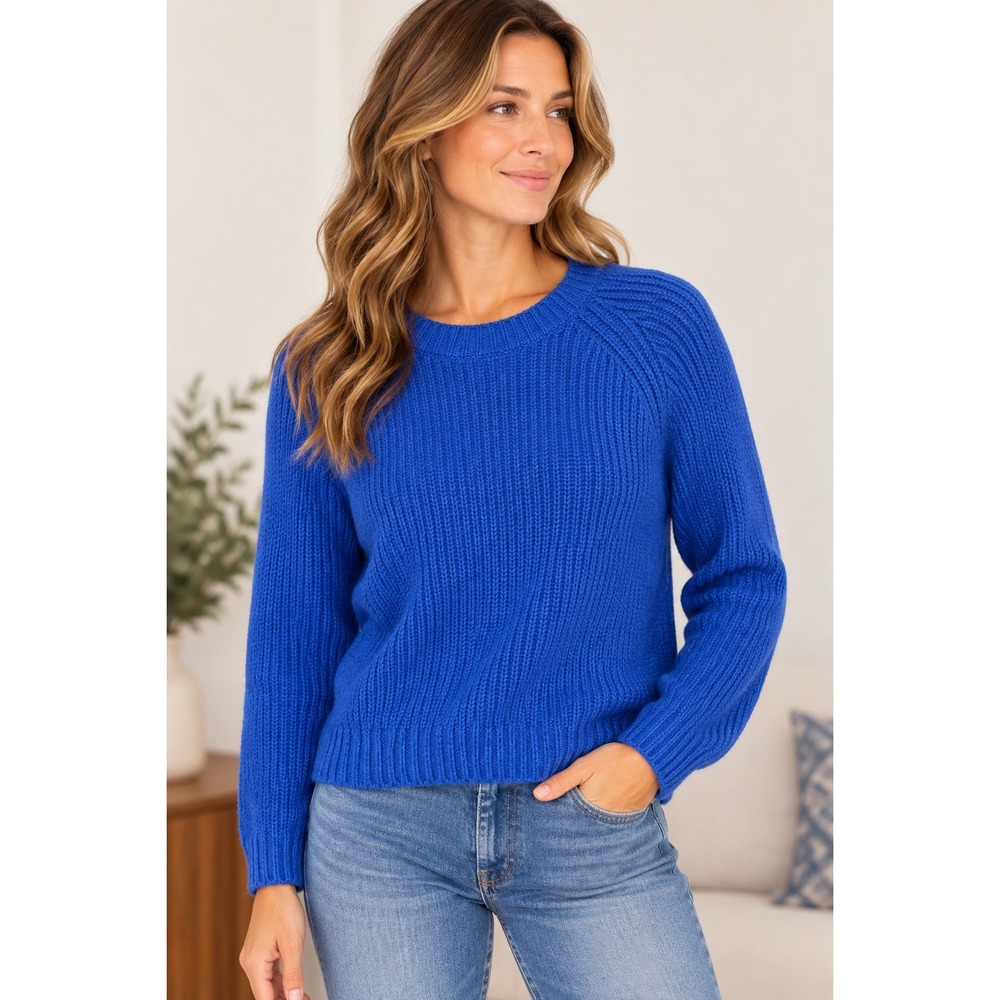 Quince Fisherman Crew Sweater Womens Large Sapphire Blue Organic Cotton Ribbed